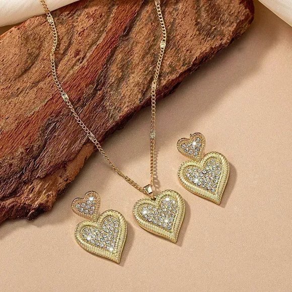 3/$35 14K Gold Plated Jewelry Set Heart Necklace Drop Earrings Cubic Zirconia - Picture 6 of 6